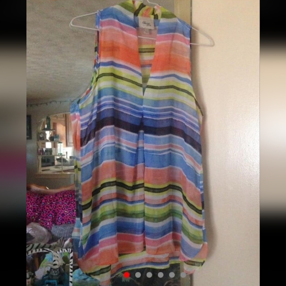 Pastels sleeveless horizontal stripe sheer plunge top
